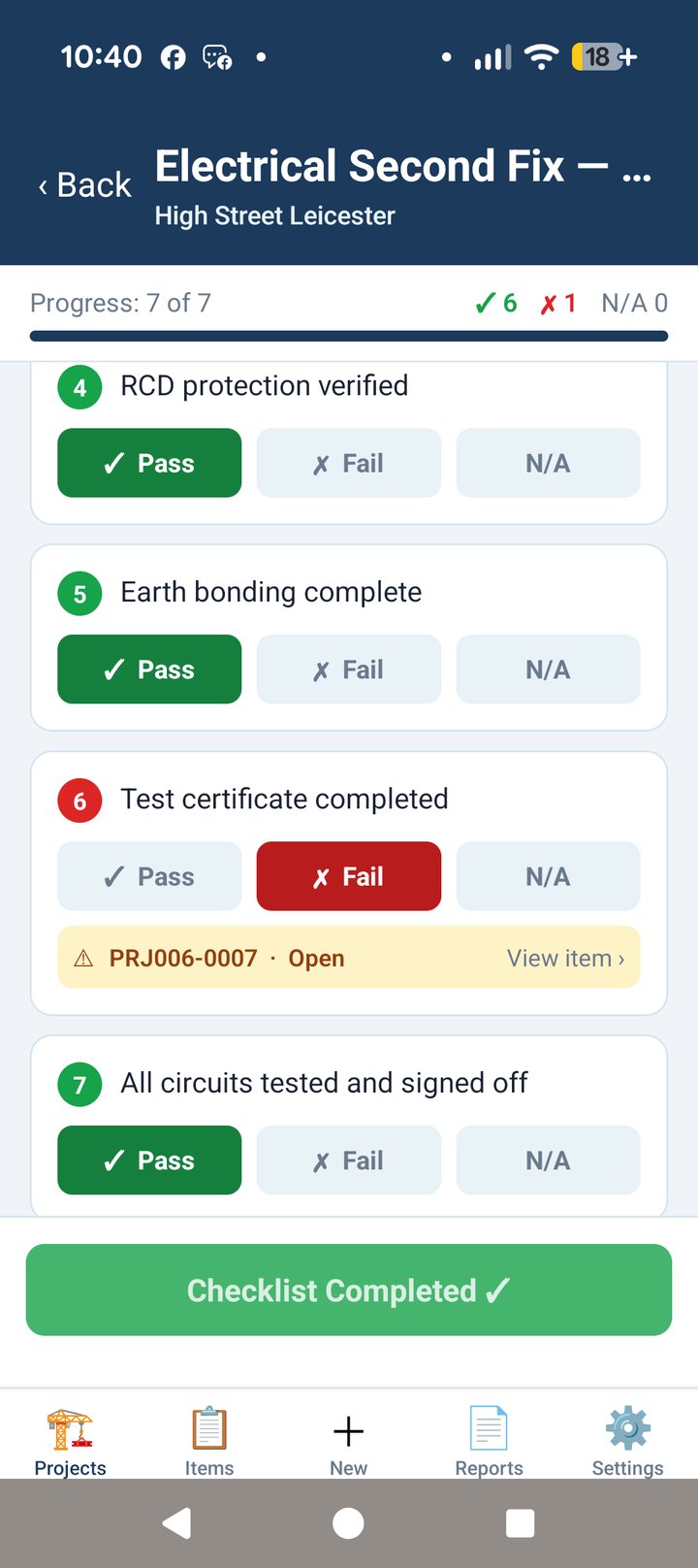 Zurviqo Site app showing a checklist run with pass, fail and progress tracking