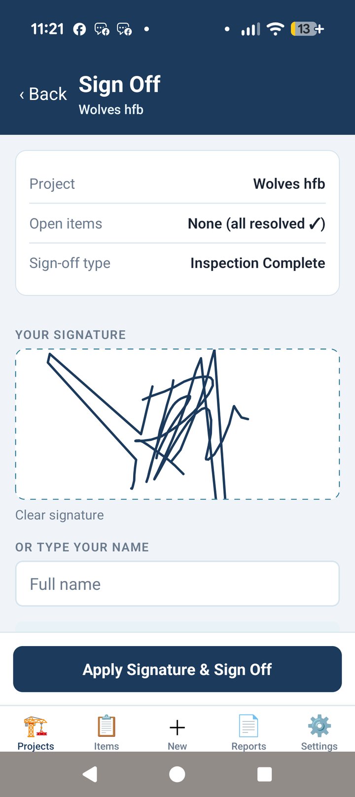 Zurviqo Site app showing the sign-off screen with a hand-drawn signature and open items status